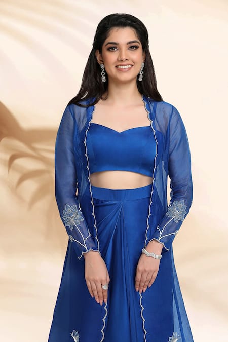 Buy_Sanjana Thakur_Blue Lehenga And Blouse Bemberg Satin Embroidery Shadow Floral Jacket & Skirt Set For Kids_Online_at_Aza_Fashions