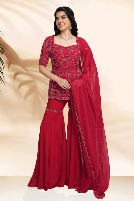 Sanjana Thakur_Red Georgette Hand Embroidery Anchored French Knots Kurta Sharara Set For Kids_Online_at_Aza_Fashions