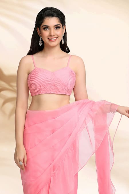 Buy_Sanjana Thakur_Pink Viscose Organza Plain Pre-draped Saree With Pleated Blouse For Kids_Online_at_Aza_Fashions