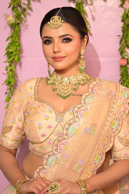 Sanjana Thakur_Peach Silk, Net, Nylon Embroidery, Zari Resham Hand Bridal Lehenga Set _Online_at_Aza_Fashions