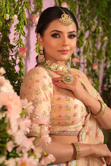 Buy_Sanjana Thakur_Peach Silk, Net, Nylon Embroidery, Zari Resham Hand Bridal Lehenga Set _Online_at_Aza_Fashions