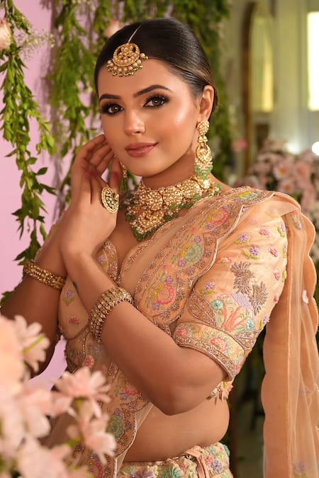 Shop_Sanjana Thakur_Peach Silk, Net, Nylon Embroidery, Zari Resham Hand Bridal Lehenga Set _Online_at_Aza_Fashions