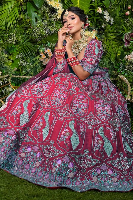 Sanjana Thakur Flower & Peacock Embroidered Bridal Lehenga Set 