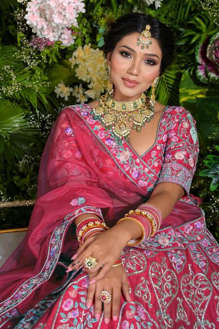 Shop_Sanjana Thakur_Red Silk, Organza Zari, Embroidery Flower And Peacock Bridal Lehenga Set _Online_at_Aza_Fashions