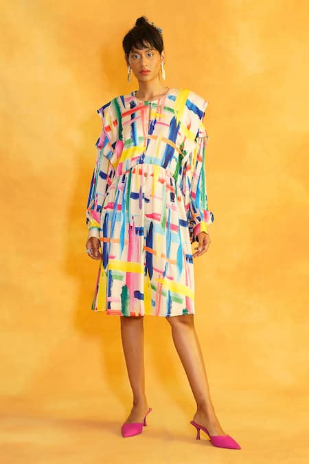 Pooja Shroff Multi Color Satin Round Neck Abstract Print Balloon Sleeve Dress
