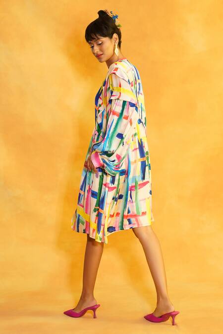 Shop Pooja Shroff Multi Color Satin Round Neck Abstract Print Balloon Sleeve Dress at Aza Fashions Shop_Pooja Shroff_Multi Color Satin Round Neck Abstract Print Balloon Sleeve Dress_at_Aza_Fashions