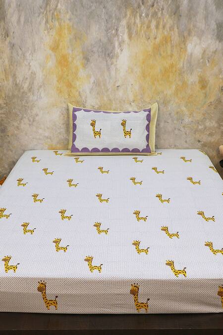 Shop Masaya Blue Hypoallergenic Cotton Hand Block Printed Giraffe Bedsheet Set at Aza Fashions Shop_Masaya_Blue Hypoallergenic Cotton Hand Block Printed Giraffe Bedsheet Set_at_Aza_Fashions