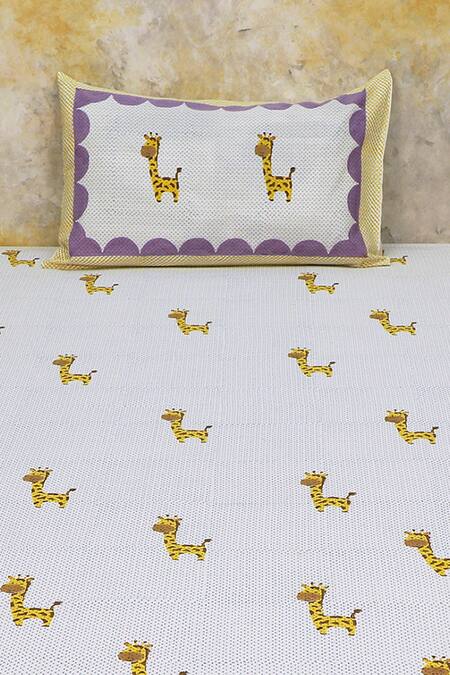 Masaya Blue Hypoallergenic Cotton Hand Block Printed Giraffe Bedsheet Set Online at Aza Fashions Masaya_Blue Hypoallergenic Cotton Hand Block Printed Giraffe Bedsheet Set_Online_at_Aza_Fashions