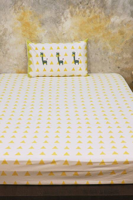 Shop Masaya Yellow Hypoallergenic Cotton Hand My Best Friend Gira The Bedsheet Set at Aza Fashions Shop_Masaya_Yellow Hypoallergenic Cotton Hand My Best Friend Gira The Bedsheet Set_at_Aza_Fashions