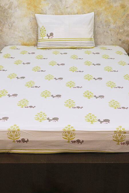 Shop_Masaya_Grey Hypoallergenic Cotton Hand Block The Adventures Of Mamma And Me Bedsheet Set_at_Aza_Fashions