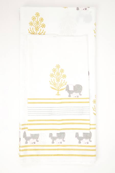 Shop_Masaya_Grey Hypoallergenic Cotton Hand Block The Adventures Of Mamma And Me Bedsheet Set_Online_at_Aza_Fashions