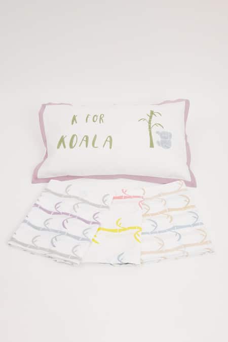 Shop_Masaya_Yellow Hypoallergenic Cotton Hand Block Printed K For Koala Bed Set _at_Aza_Fashions