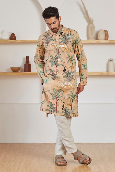 Buy Peach Cotton Woven Van And Animal Print Kurta For Men by Label Kheerganga Online at Aza ...