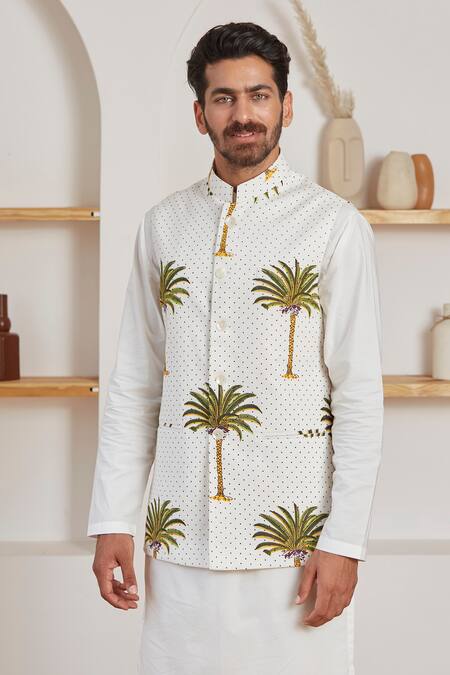 Label Kheerganga_White Cotton Palm And Polka Dots Nehru Jacket_Online_at_Aza_Fashions