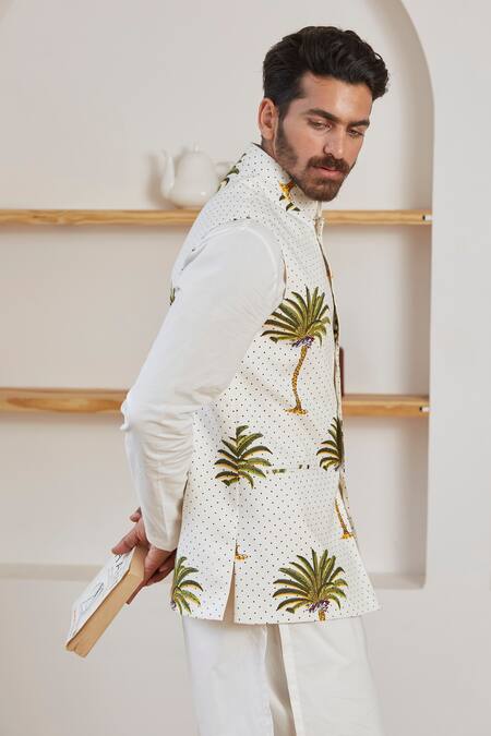 Buy_Label Kheerganga_White Cotton Palm And Polka Dots Nehru Jacket_Online_at_Aza_Fashions