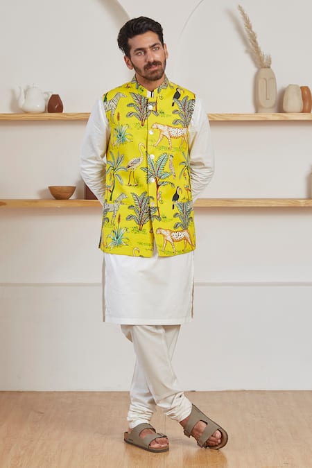 Label Kheerganga Animal Print Yellow Nehru Jacket 