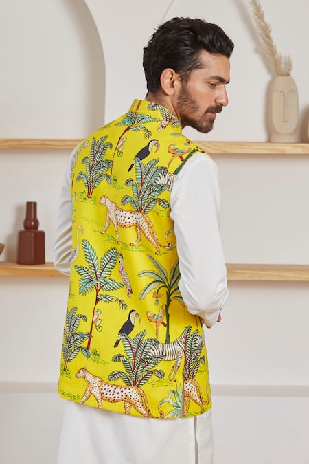 Label Kheerganga Animal Print Yellow Nehru Jacket 