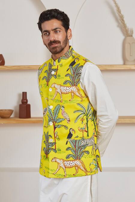 Label Kheerganga_Yellow Cotton Animal Print Nehru Jacket _Online_at_Aza_Fashions