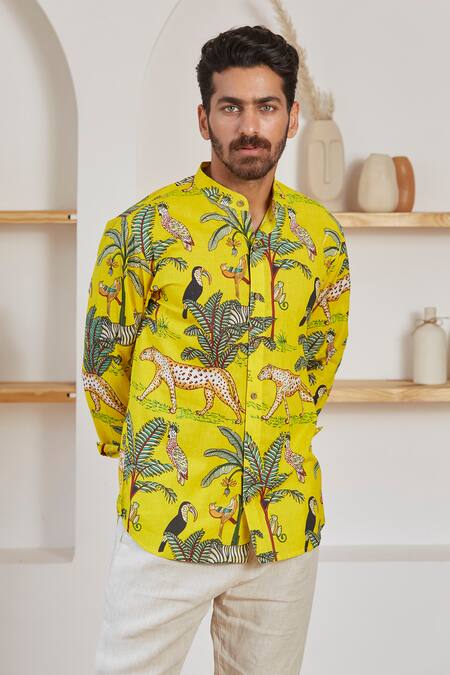 Buy Yellow Cotton Woven Van Print Shirt For Men by Label Kheerganga Online  at Aza Fashions.