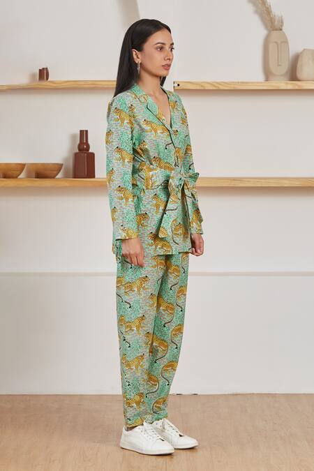 Buy_Label Kheerganga_Green Cotton Embroidery Collared Baagh And Floral Print Woven Co-ord Set _Online_at_Aza_Fashions