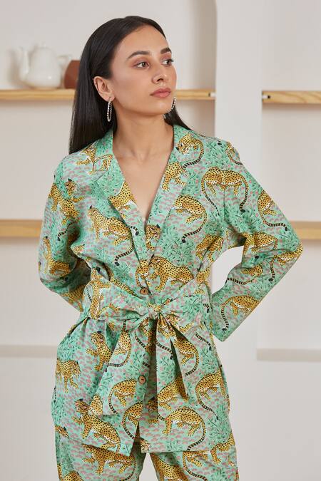 Shop_Label Kheerganga_Green Cotton Embroidery Collared Baagh And Floral Print Woven Co-ord Set _Online_at_Aza_Fashions