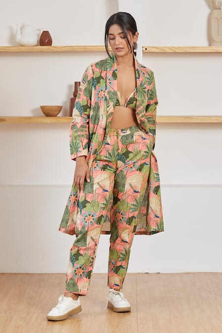 Label Kheerganga_Pink Cotton Embroidery V-neck, Shawl Mughal Garden And Bird Print Woven Co-ord Set _Online_at_Aza_Fashions