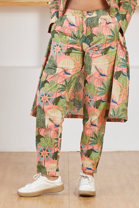 Buy_Label Kheerganga_Pink Cotton Embroidery V-neck, Shawl Mughal Garden And Bird Print Woven Co-ord Set _Online_at_Aza_Fashions