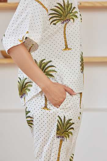 Label Kheerganga_White Cotton Bandeau Neck Palm And Polka Dots Print Co-ord Set_Online_at_Aza_Fashions