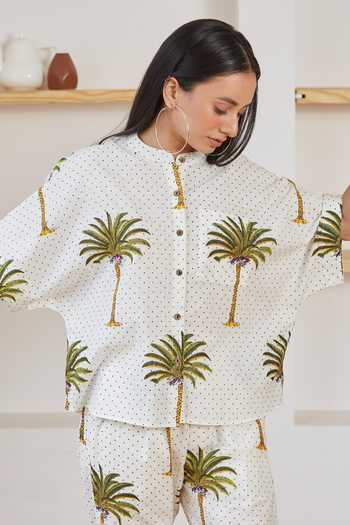 Buy_Label Kheerganga_White Cotton Bandeau Neck Palm And Polka Dots Print Co-ord Set_Online_at_Aza_Fashions