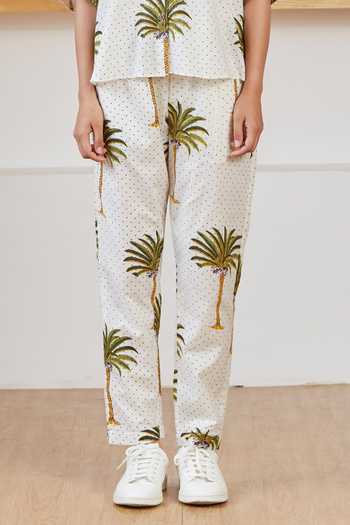 Shop_Label Kheerganga_White Cotton Bandeau Neck Palm And Polka Dots Print Co-ord Set_Online_at_Aza_Fashions