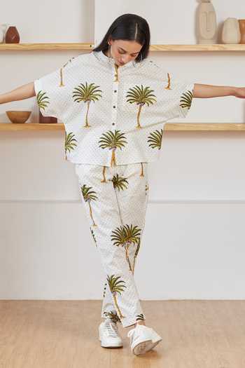 Label Kheerganga_White Cotton Bandeau Neck Palm And Polka Dots Print Co-ord Set_at_Aza_Fashions