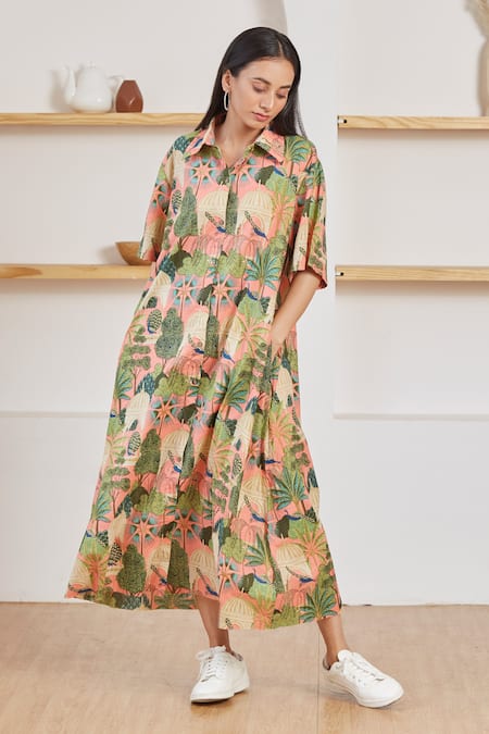 Label Kheerganga Mughal Garden & Bird Print Woven Shirt Dress 