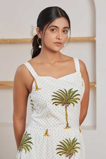 Label Kheerganga_White Cotton Square Neck Palm And Polka Dots Print Woven Maxi Dress_Online_at_Aza_Fashions