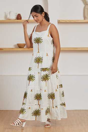 Buy_Label Kheerganga_White Cotton Square Neck Palm And Polka Dots Print Woven Maxi Dress_Online_at_Aza_Fashions