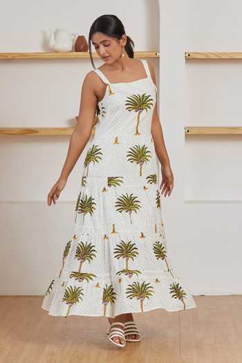 Shop_Label Kheerganga_White Cotton Square Neck Palm And Polka Dots Print Woven Maxi Dress_Online_at_Aza_Fashions