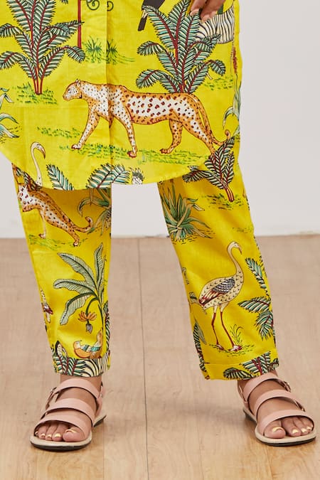 Label Kheerganga_Yellow Cotton Collared Vanaspati Printed Woven Shirt Kurta And Pant Set _Online_at_Aza_Fashions