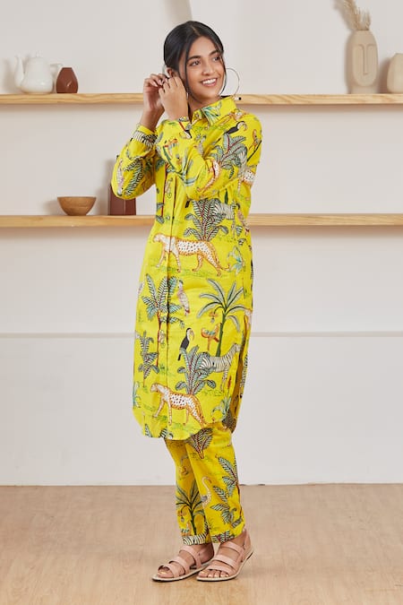 Buy_Label Kheerganga_Yellow Cotton Collared Vanaspati Printed Woven Shirt Kurta And Pant Set _Online_at_Aza_Fashions