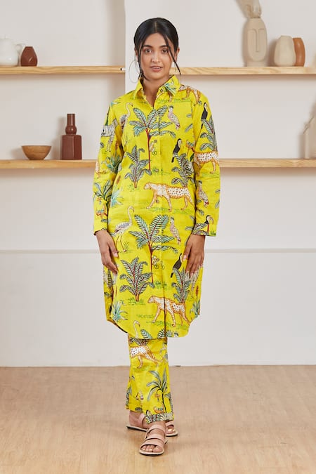 Shop_Label Kheerganga_Yellow Cotton Collared Vanaspati Printed Woven Shirt Kurta And Pant Set _Online_at_Aza_Fashions