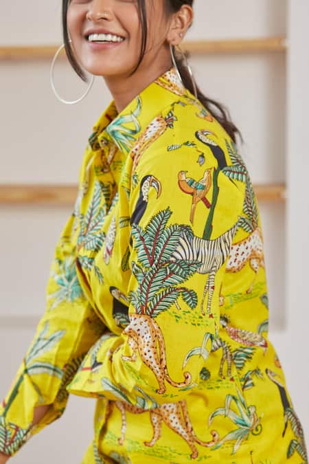 Label Kheerganga_Yellow Cotton Collared Vanaspati Printed Woven Shirt Kurta And Pant Set _at_Aza_Fashions