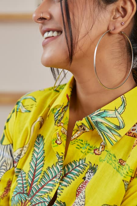 Buy_Label Kheerganga_Yellow Cotton Collared Vanaspati Printed Woven Shirt Kurta And Pant Set 