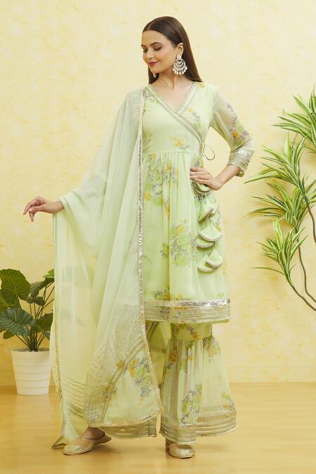 Samyukta Singhania_Green Georgette, Net Gota Patti Asymmetric Wrap-over Anarkali Sharara Set _Online_at_Aza_Fashions