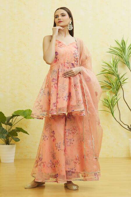 Samyukta Singhania_Pink Organza Embroidery Sweetheart Neck Floral Print Anarkali Sharara Set _Online_at_Aza_Fashions