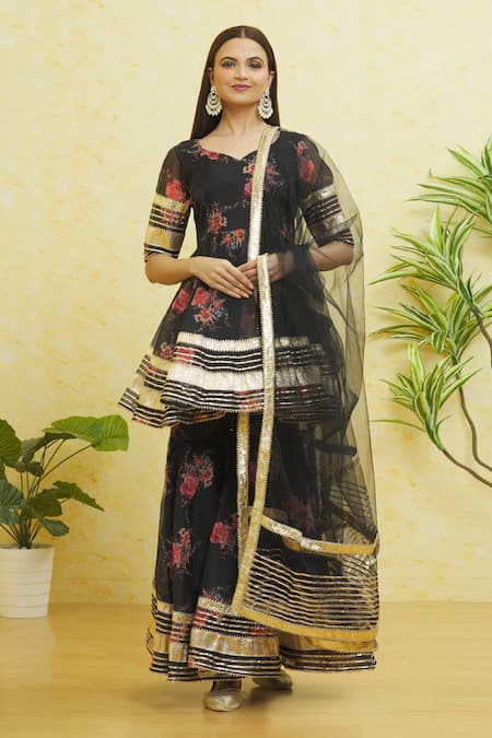 Samyukta Singhania Black Organza Embroidered Gota Leaf Neck Anarkali Sharara Set 