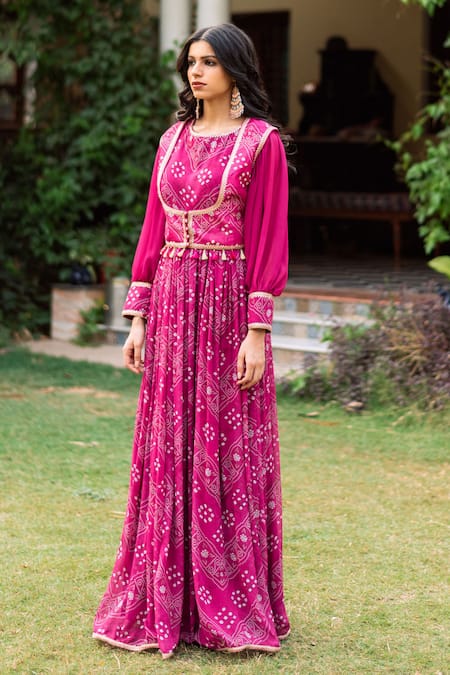 Studio Bagechaa Pink Silk Print Bandhani Round Neck Anarkali With Jacket 