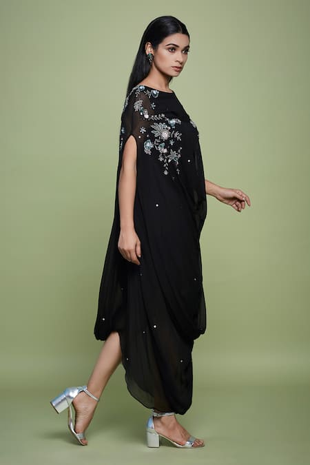 Buy Vyasa By Urvi Black Georgette, Lycra Embroidery, Sequins Boat Neck Floral Cowl Dress Online at Aza Fashions Buy_Vyasa By Urvi_Black Georgette, Lycra Embroidery, Sequins Boat Neck Floral Cowl Dress _Online_at_Aza_Fashions