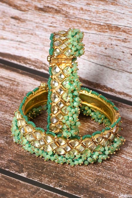 Studio6 Jewels_Green Beads, Diamonds Kundan Embellished Bangles - Set Of 2 _at_Aza_Fashions