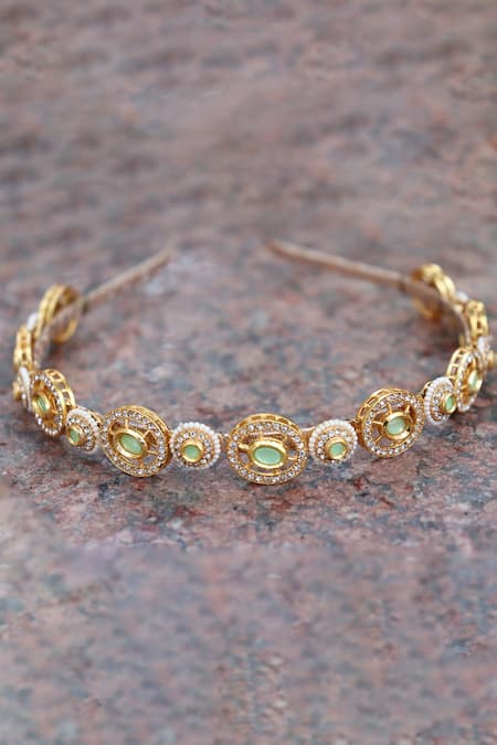 Foot Fuel Gold Beads, Crystals Stone Studded Round Brooch Hairband 