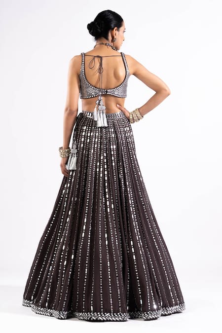 Shop Vvani By Vani Vats Grey Georgette, Satin, Organza Mirrors, Sequins Linear Drop Work Lehenga Set at Aza Fashions Shop_Vvani By Vani Vats_Grey Georgette, Satin, Organza Mirrors, Sequins Linear Drop Work Lehenga Set _at_Aza_Fashions