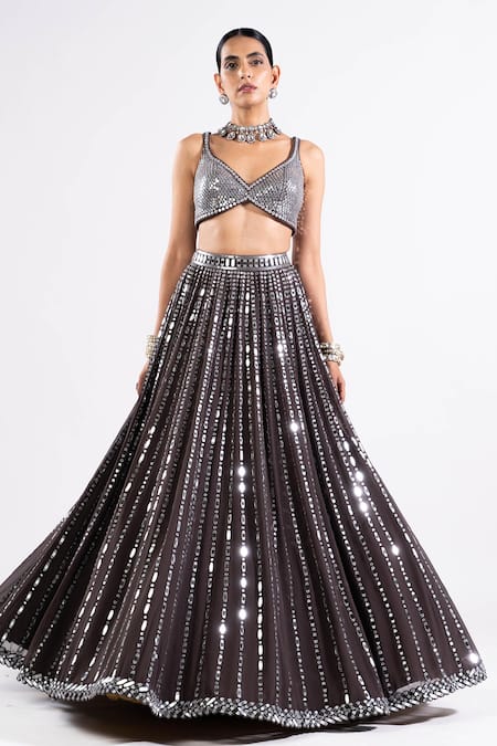 Vvani By Vani Vats Grey Georgette, Satin, Organza Mirrors, Sequins Linear Drop Work Lehenga Set Online at Aza Fashions Vvani By Vani Vats_Grey Georgette, Satin, Organza Mirrors, Sequins Linear Drop Work Lehenga Set _Online_at_Aza_Fashions