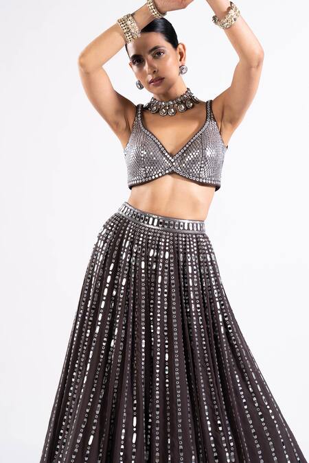 Buy Vvani By Vani Vats Grey Georgette, Satin, Organza Mirrors, Sequins Linear Drop Work Lehenga Set Online at Aza Fashions Buy_Vvani By Vani Vats_Grey Georgette, Satin, Organza Mirrors, Sequins Linear Drop Work Lehenga Set _Online_at_Aza_Fashions